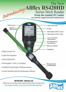 Allflex RS420HD Series Stick Reader with LCD Readout, Internal Bluetooth & Integral Battery Pack